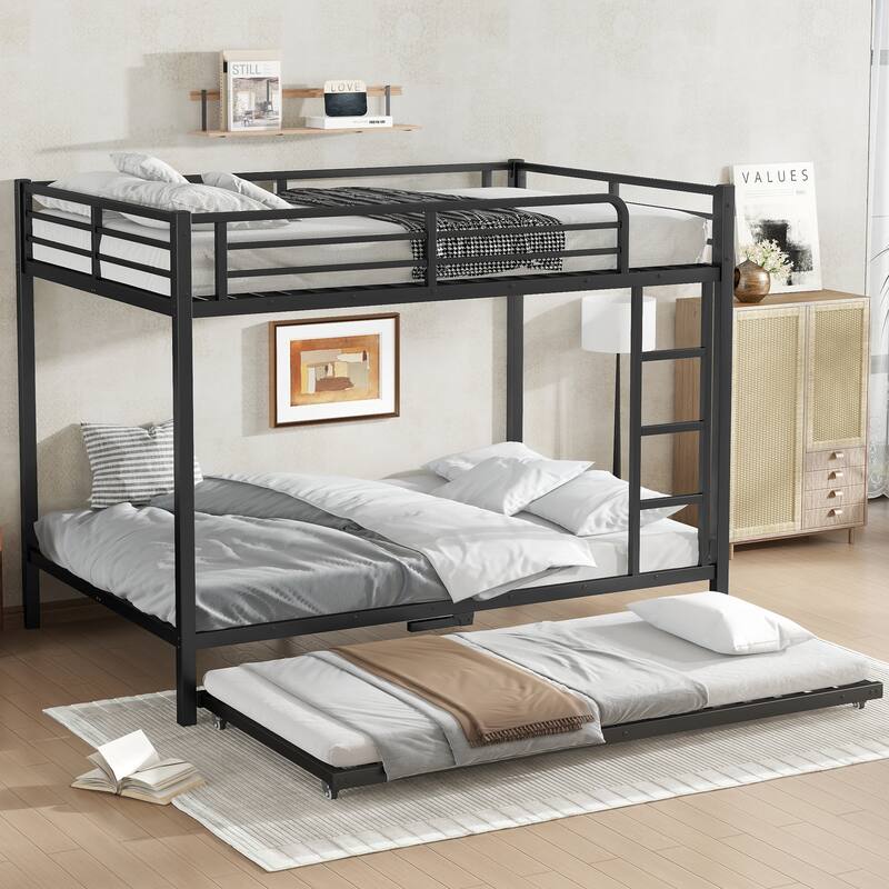 Full over Full Metal Bunk Bed with Twin Trundle and Under-Bed Storage