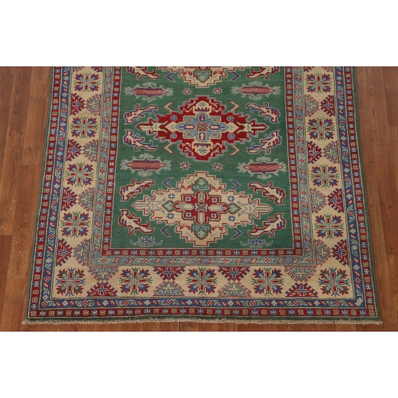 Green Geometric Kazak Area Rug Hand-Knotted Wool Carpet - 4'11" x 6'1"