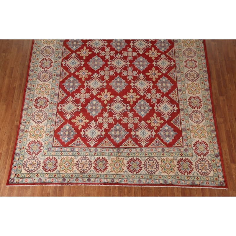 Red Geometric Kazak Oriental Area Rug Handmade Wool Carpet - 9'0" x 11'5"