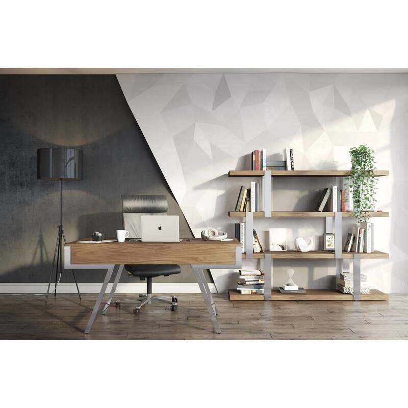 Modrest Brewer Modern Walnut Glass & Stainless Steel Bookshelf