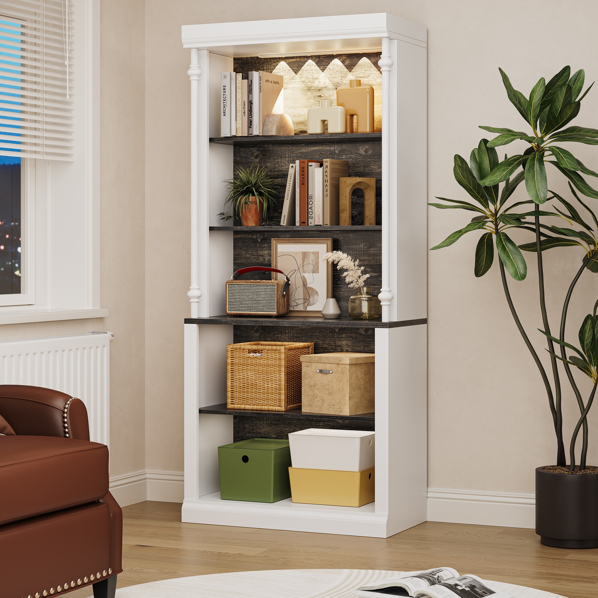 71'' Tall Bookcase with 5-Tier Storage Shelves & Cabinet , White Free-Standing Bookshelf Organizer with LED Lights