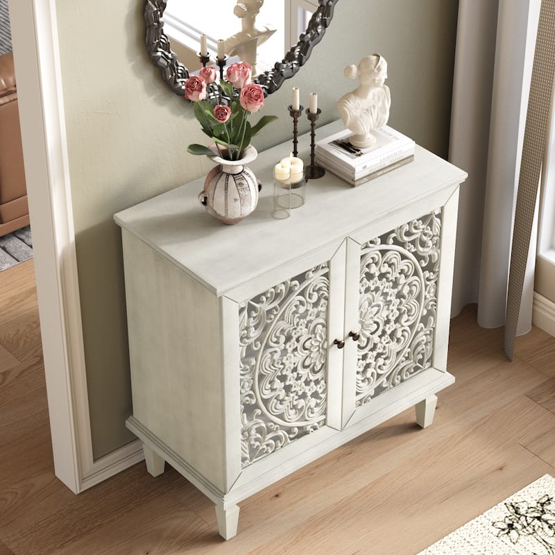 GDF Studio - Vintage Hollow-Carved Accent Cabinet, 2-Door Display Sideboard with Adjustable Shelf
