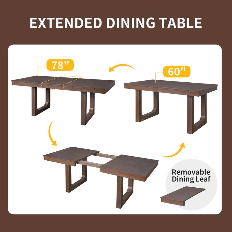 60"-78" Extendable Dining Table with Smooth Rails, Wooden Kitchen Table with Removable Leaf, Double U-Shape Base