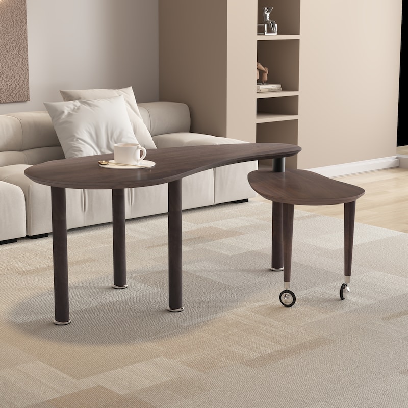 360 degree rotatable coffee table rotating cocktail table with solid rubber wood legs - Walnut