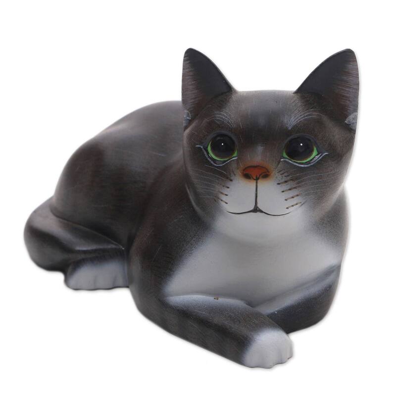 Novica Handmade Lying Cat In Grey Wood Sculpture