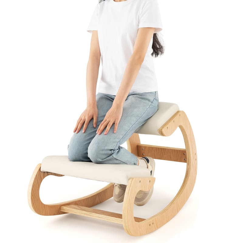 Wooden Rocking Chair with Comfortable Padded Seat Cushion and Knee Support - 21.5" x 34" x 22"