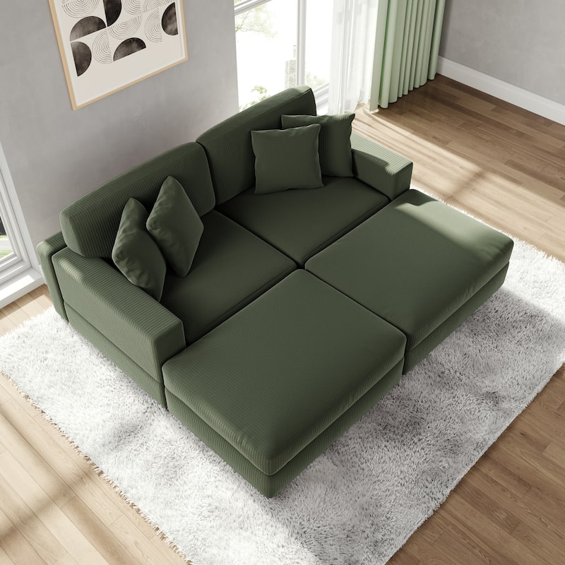 Modular Corduroy Sectional Sofa Set Chaise Couch with Ottoman