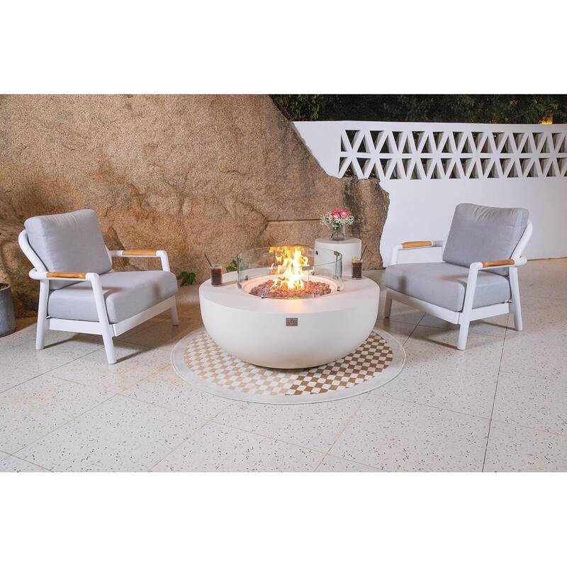 AMS Fireplace Eclipse Round Outdoor Fire Pit Bundle - 44" x 44" x 17" - Cream White - Propane