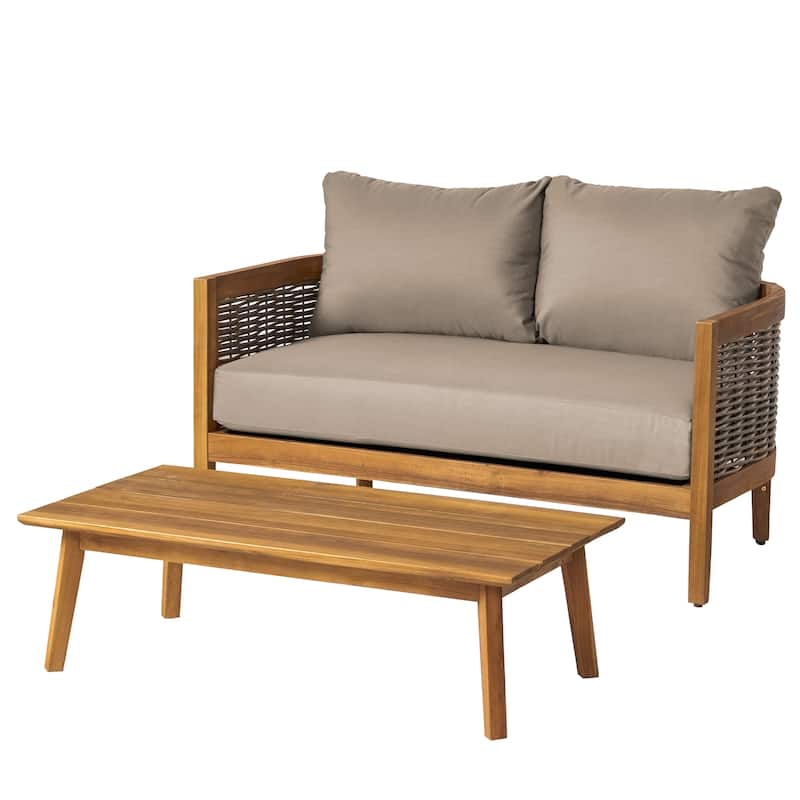 Christopher Knight Home Burchett Acacia Wood Outdoor Loveseat and Coffee Table Set with Optional Sunbrella Cushions