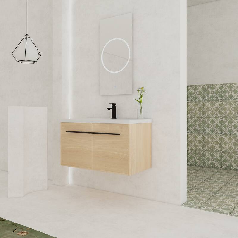 GDFStudio - Levistar Modern Wall-Mounted Bathroom Vanity Set with Scratch-Resistant Resin Sink & Soft Close Doors
