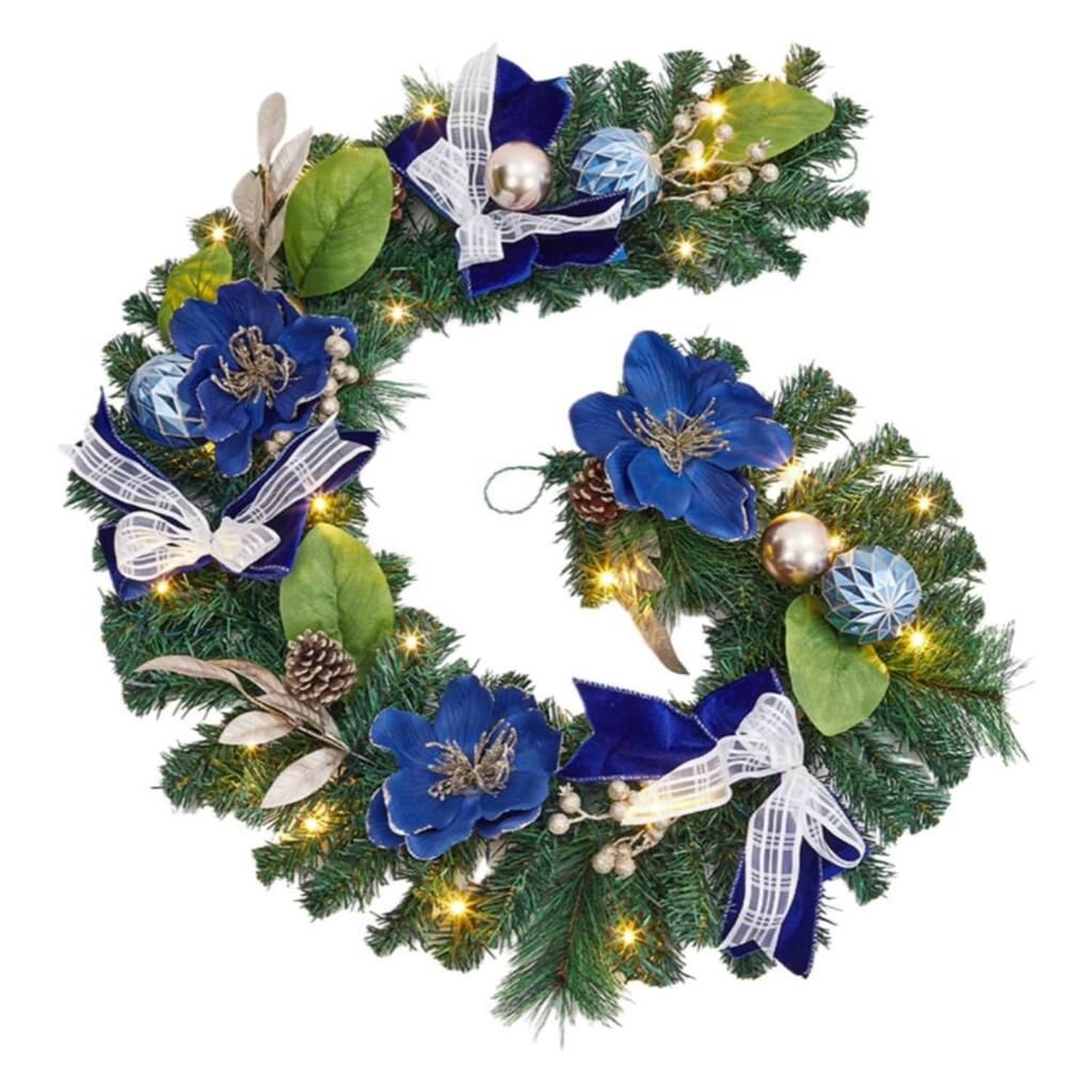 6ft Pre-Lit Outdoor Christmas Garlands with LED Lights Blue Balls Flowers - N/A