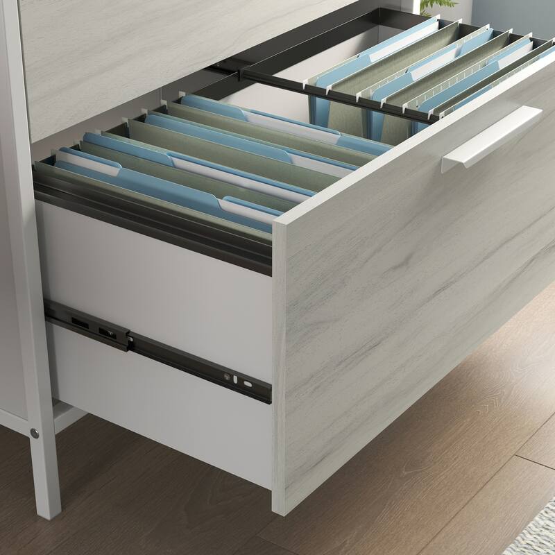 Wood Lateral File with Glass Shelves, Off White and Gray