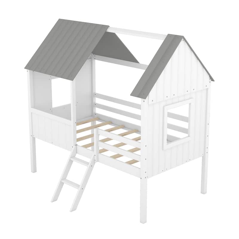 Playhouse Twin Low Loft Bed with Roof and Windows, Wooden Frame