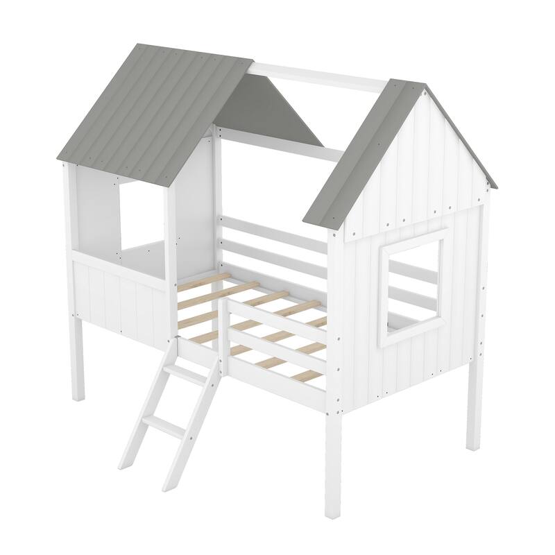 Twin Size Low Loft Wood House bed with Two Side Windows (White+Gray）