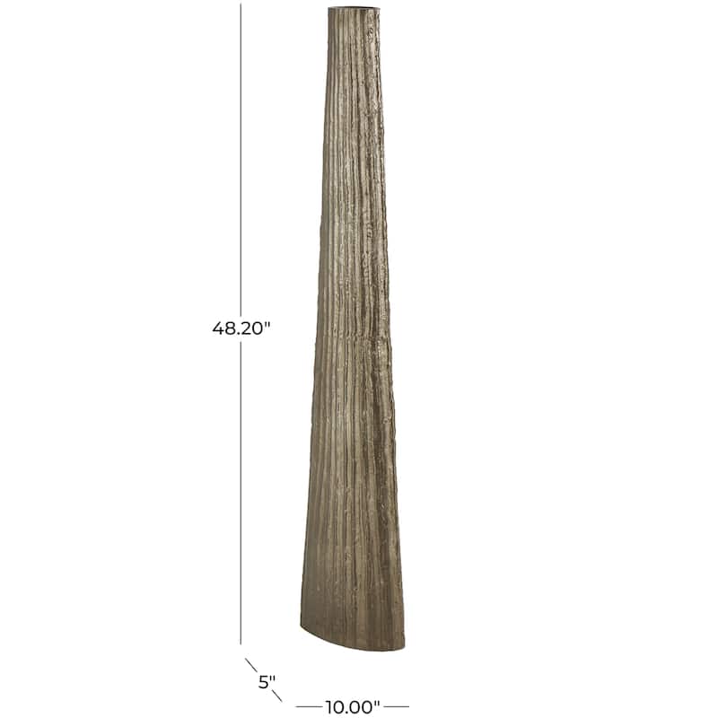 Aluminum Metal Slim Flat Tall Floor Cone Vase with Textured Ridges - Brass - Roche River Decor