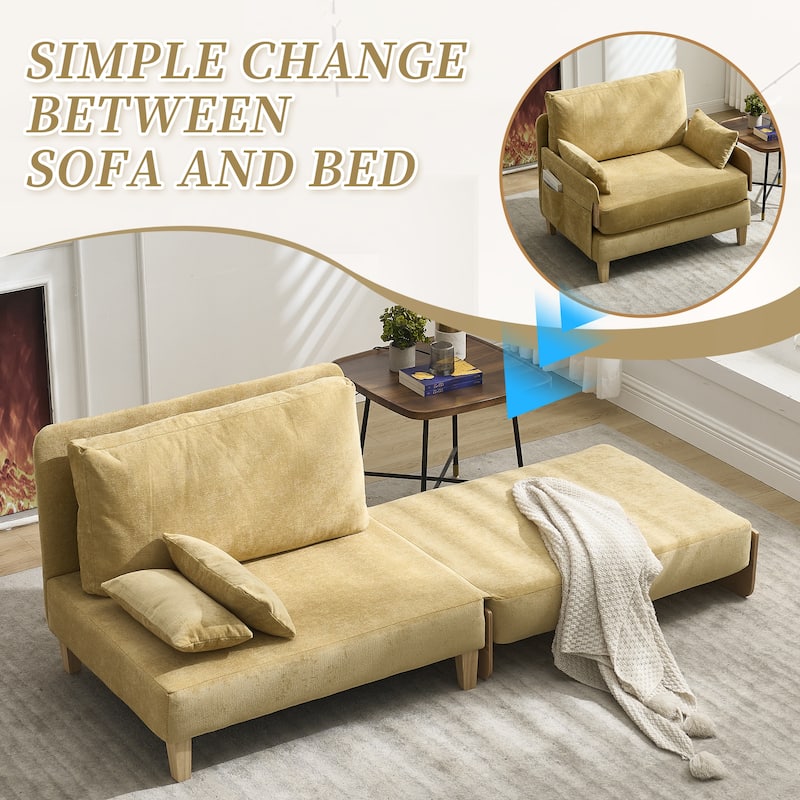 Chenille Upholstered Convertible Sleeper Recliner Foldable Chair Bed with 3 Pillows