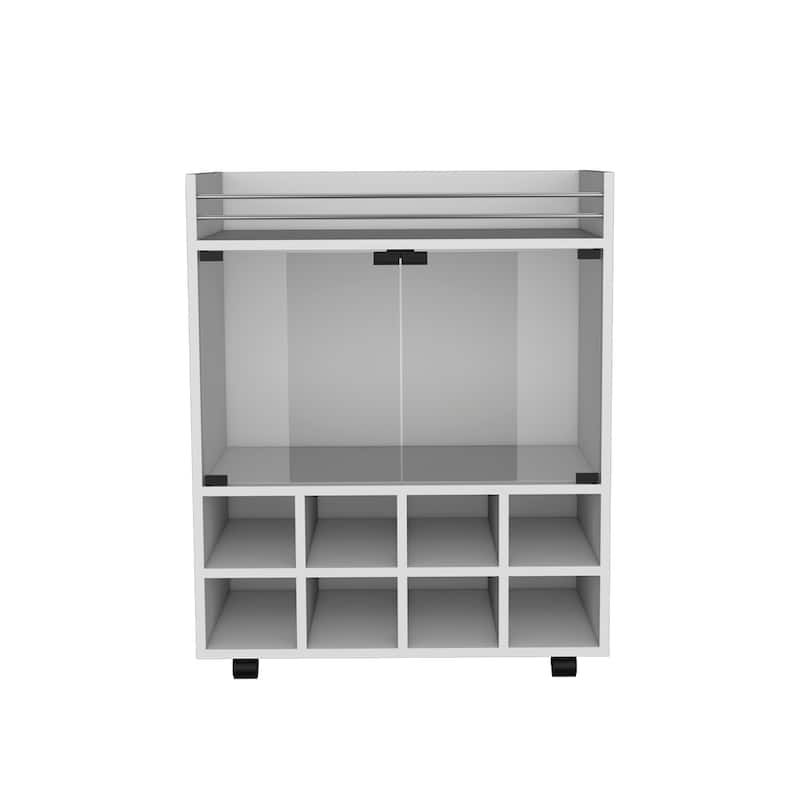 St Andrews Bar Cart with Built-In 8-Bottle Rack, Double Glass Door Cabinet, and Aluminum-Edged Top Surface - White