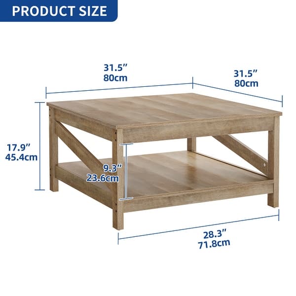 dimension image slide 2 of 9, Moasis Farmhouse Coffee Table with Shelf, 2-Tier Center Table for Living Room