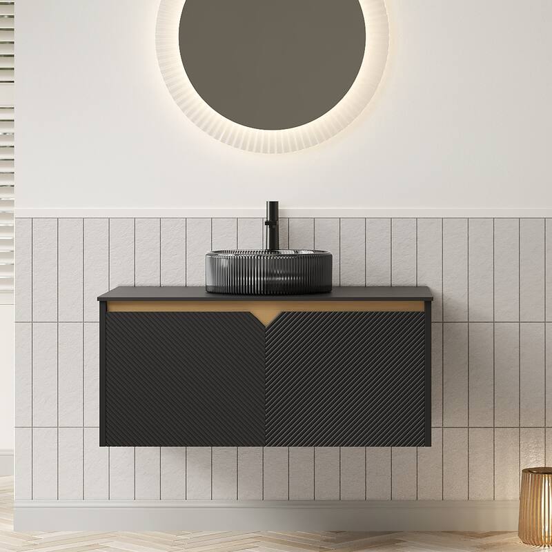 30"/36"/48" Floating Bathroom Vanity with Vessel Sink, Wall Mounted Sintered Stone Countertop Bathroom Storage Cabinet - Black - Glass Basin - 36 Inch