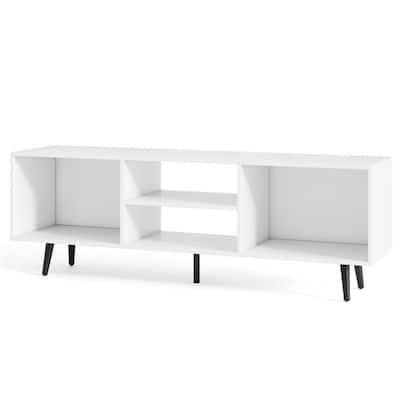 Modern White and Black TV Stand with Side Compartments and Middle Shelf Storage Console for TVs up to 55 Inches