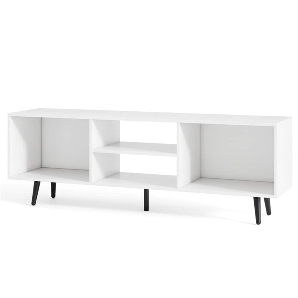 Modern White and Black TV Stand with Side Compartments and Middle Shelf Storage Console for TVs up to 55 Inches