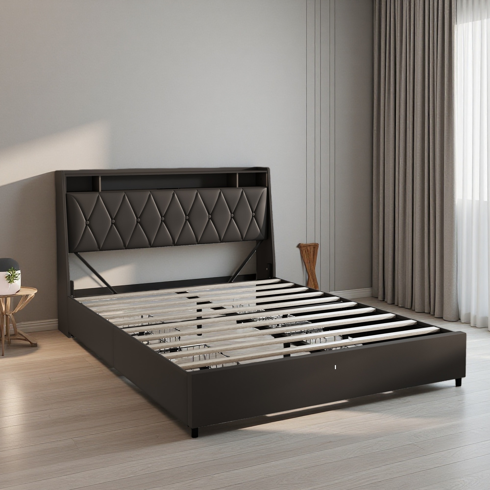 Queen Metal Platform Bed with LED Lights & Charging Ports
