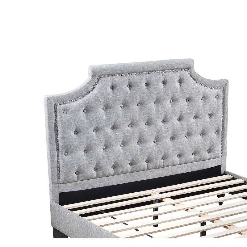 Grey Polyfiber American Traditional 1pcs Queen Size Bed Only Button Tufted Headbaord Footboard Bedroom Furniture