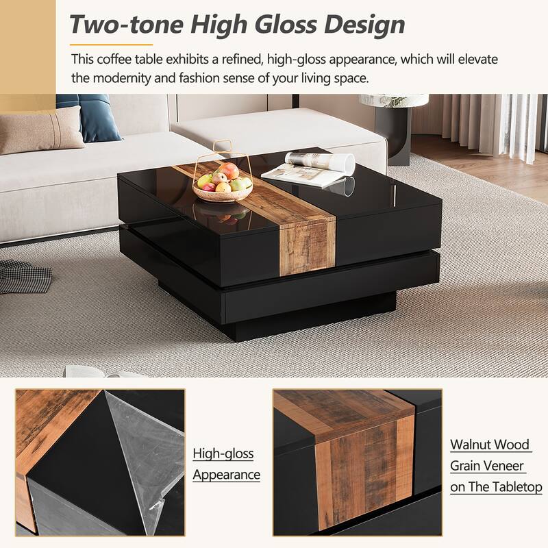 Roomfitters Modern Square Coffee Table with Sliding Top, High Gloss Center Table with Hidden Storage for Living Room, Black