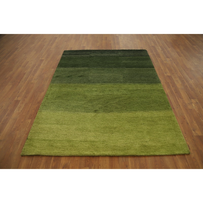 Hand Knotted Oriental 100% Wool Carpet Modern Stripe Green Gabbeh Area Rug - 6' 7'' X 4' 11''