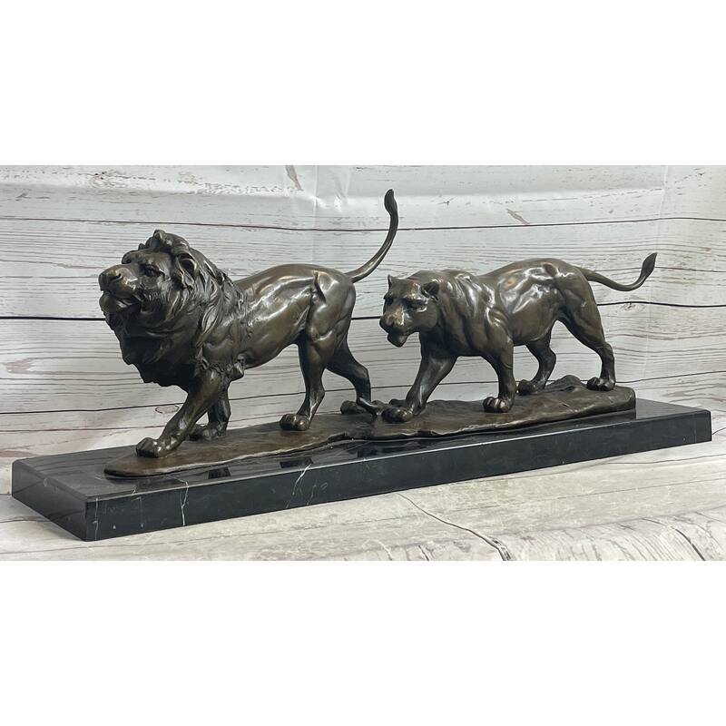 Male Female Imitative Lion Imitative Lions On The Prowl Bronze Sculpture Statue Signed Original Art