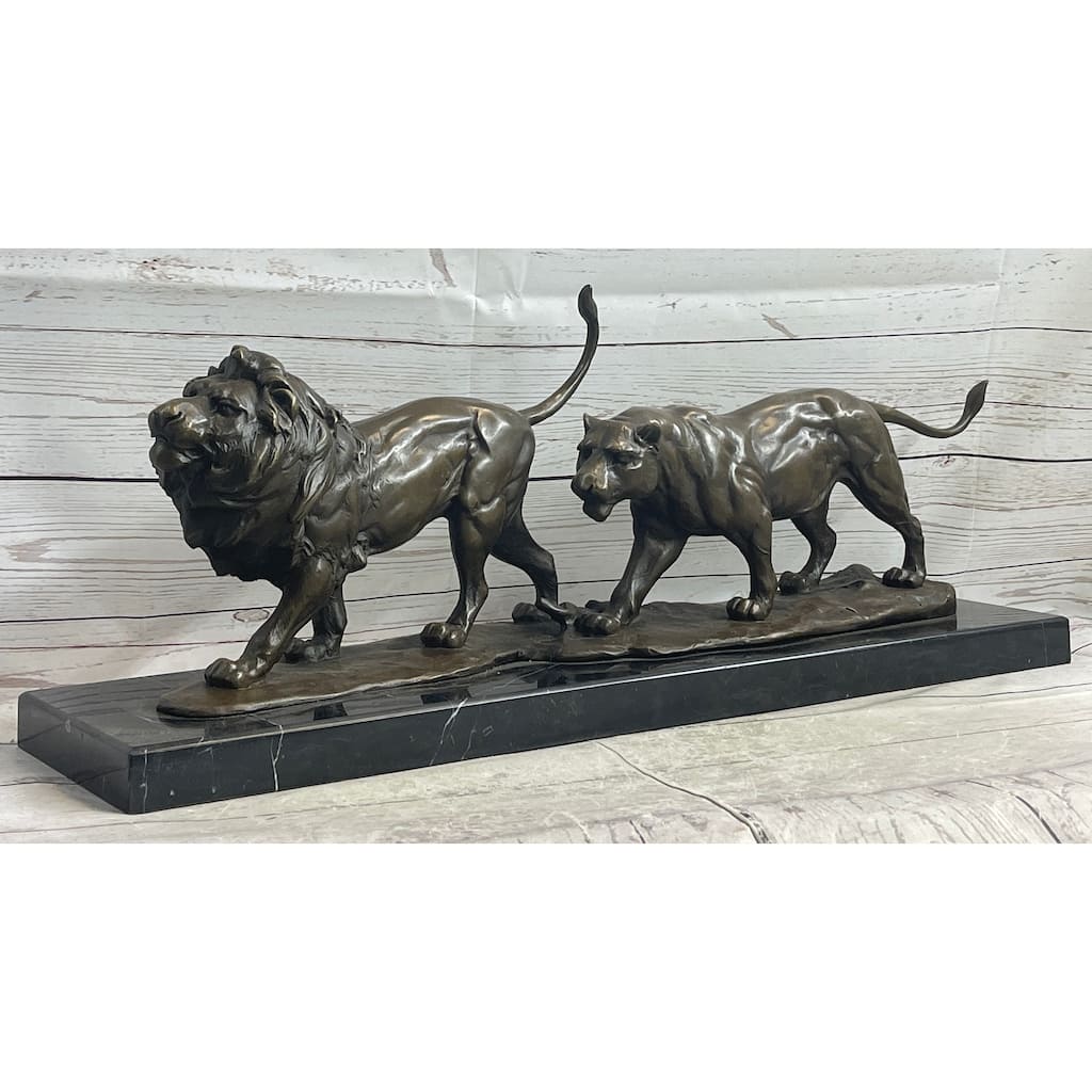 Male Female Imitative Lion Imitative Lions On The Prowl Bronze Sculpture Statue Signed Original Art