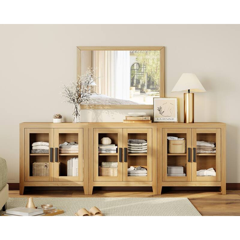 WAMPAT Modern Farmhouse Modular Buffet Cabinet, Glass Door Sideboard with Adjustable Shelves
