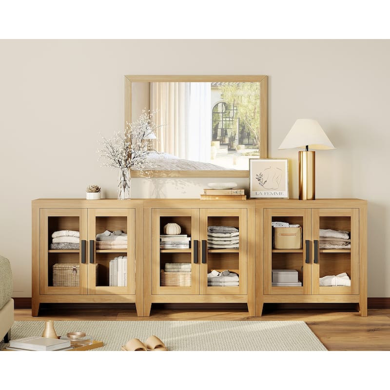 WAMPAT Modern Farmhouse TV Stand, Entertainment Center with Tempered Glass Doors & Adjustable Shelves