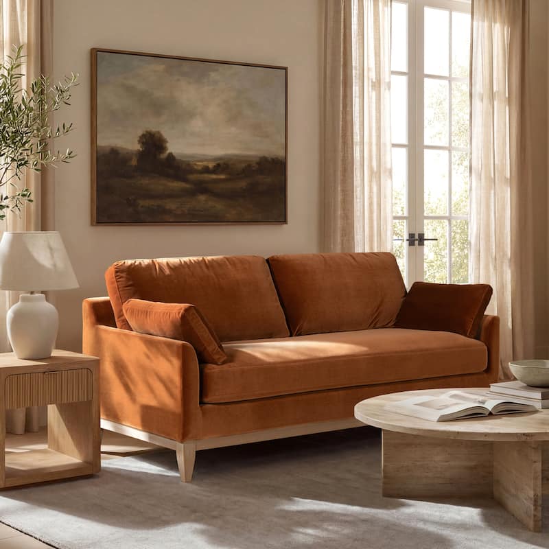 Pasadena 75.5" Velvet Modern Farmhouse Loose Pillow-Back Sofa - Burnt Orange Performance Velvet