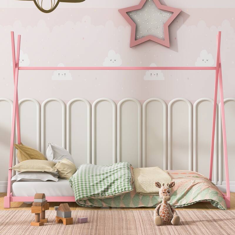 Twin Size Metal House Platform Bed with Triangle Structure for Bedroom