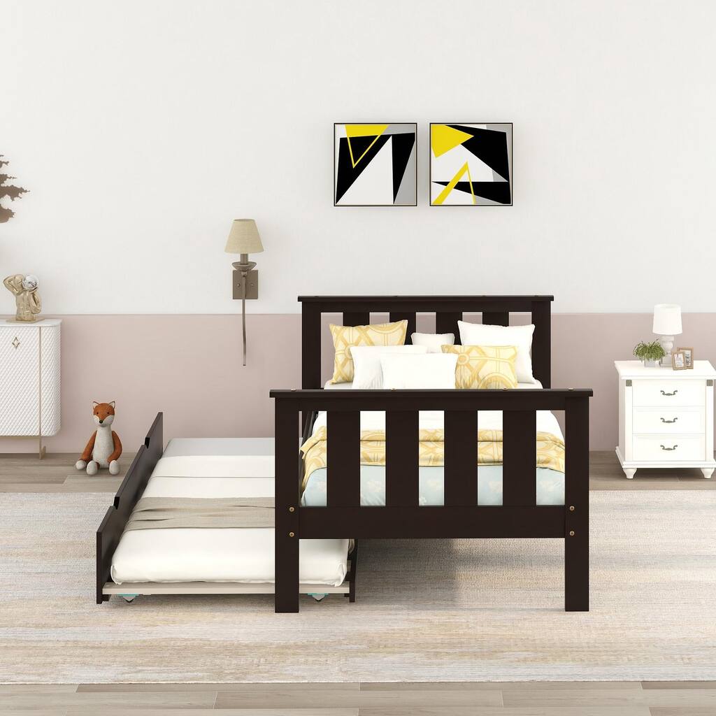 Wood Twin Platform Bed Frame with Convenient Pull-Out Trundle