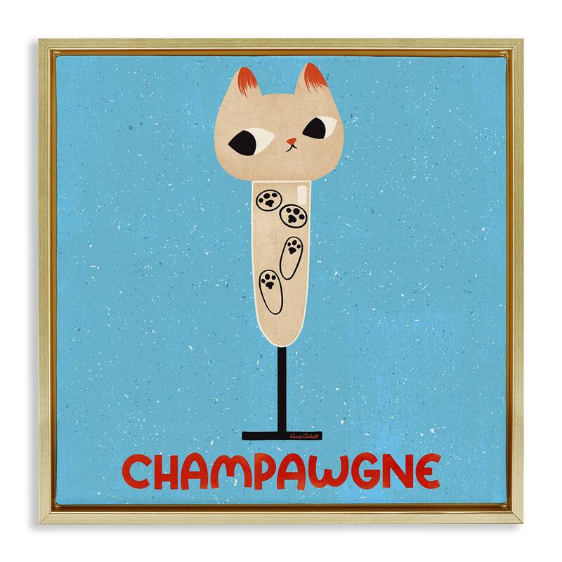Stupell Champawgne Feline Wine Framed Floater Canvas Wall Art Design By Carrie Cantwell - 25 x 25 - Gold