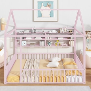 Full Size Metal House Bed Frame with Built-In Grid Shelves, Playful Canopy Design and Space-Saving Storage