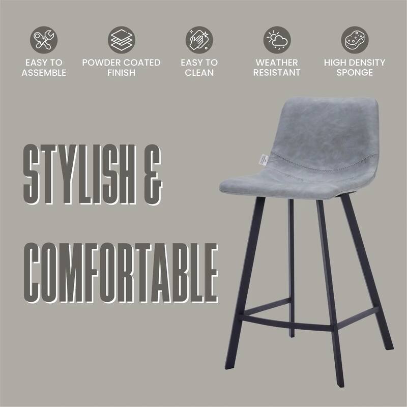 Elland Leather Bar Stool - Modern Counter Height Stool with Black Stainless Steel Legs for Kitchen Island or Home Bar Set of 2