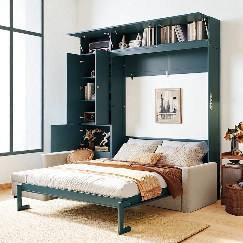 Queen Size Murphy Wall Bed with Sofa and Storage Cabinets, Folding Bed with Shelves for Small Spaces