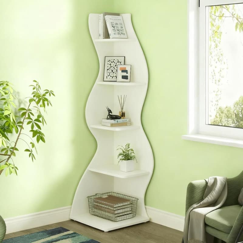 Rossetta 5-Tier Modern Elegant Floor Mount Streamlined Shape Corner Rack Shelf with Adjustable Shelves - White