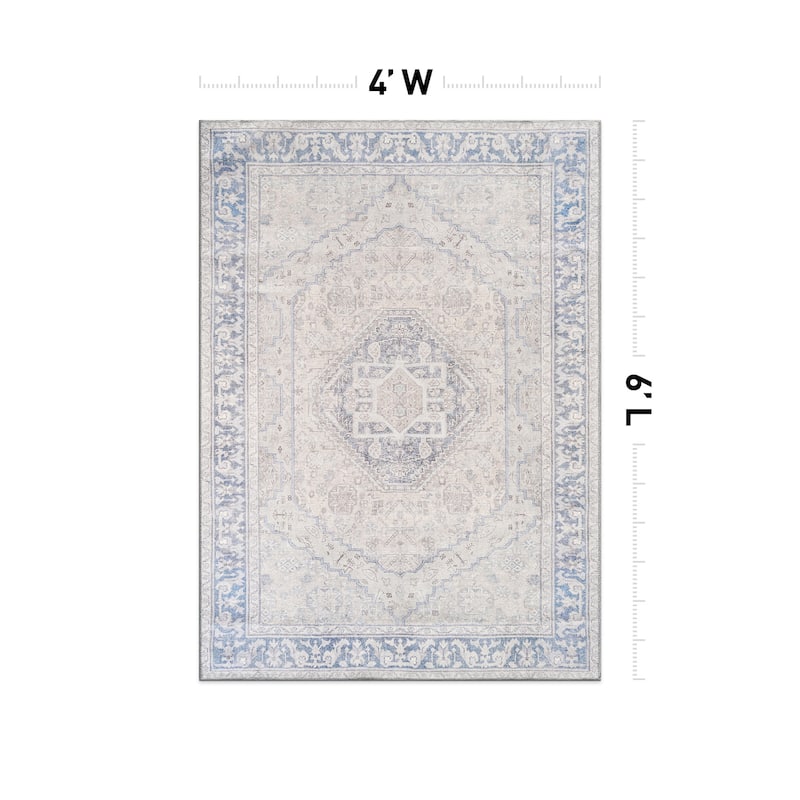 Beige Medallion Flat Pile Washable Rug - Pet Friendly, Non-Slip for Entryway and Bedroom