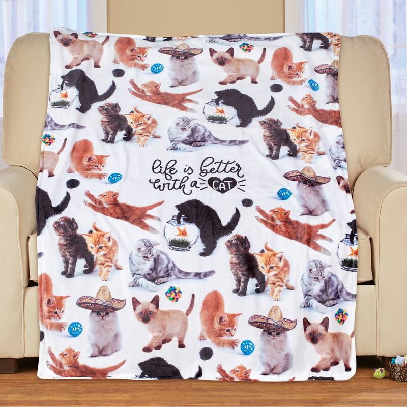 Life Is Better With A Cat 5-Foot Long Colorful Funny Throw - THROW - White