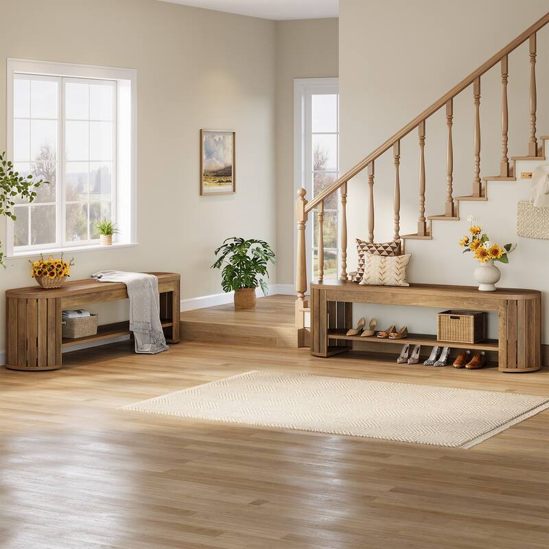 63" Wooden Entryway Bench, Long 2-Tier Narrow Shoe Bench