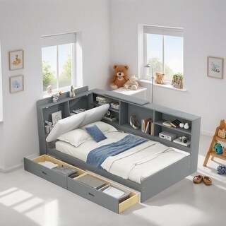 Twin Size Platform Bed with Storage Headboard, Pine Wooden Bed with Shelves, Storage Bed with 2 Drawers, Subdued Gray