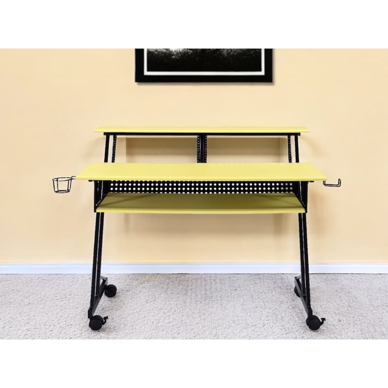Wood Computer Desk with Black Metal Frame, Shelves and Casters