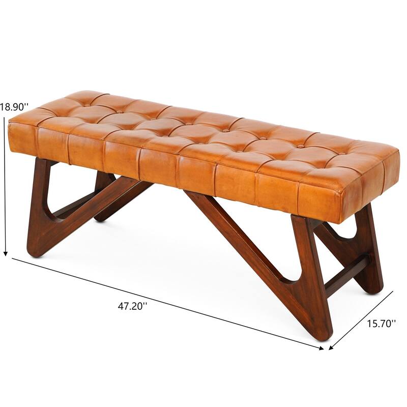 GDFStudio - Mia Modern Mid-Century 47" Genuine Leather Bench with Button Detail & Solid Wood Frame - 15.4"W