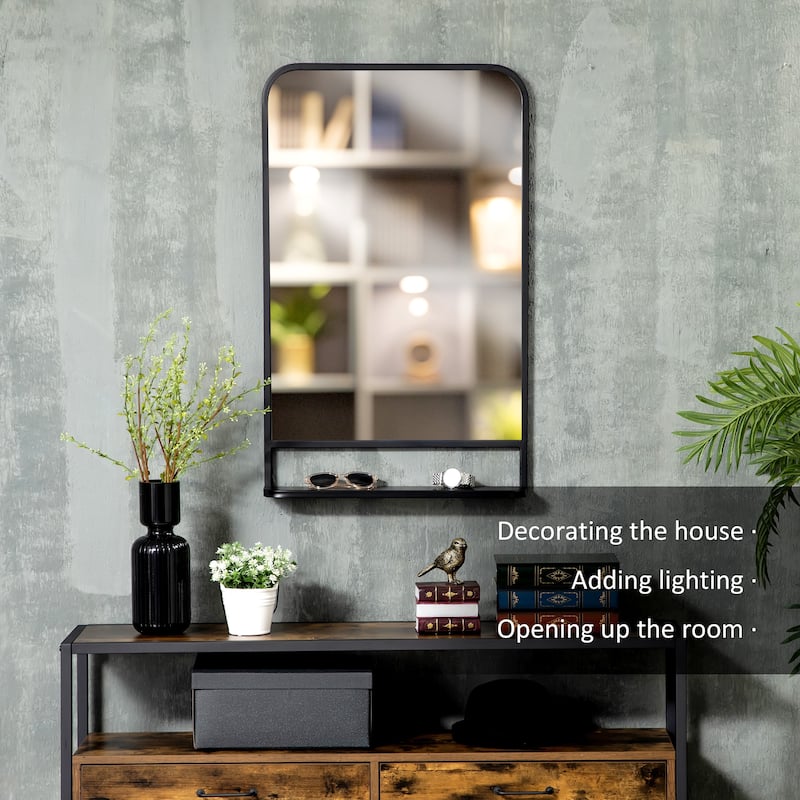 Black Metal Wall Mirror with Rounded Corners and Storage Shelf - 34" L x 21" W x 4" D
