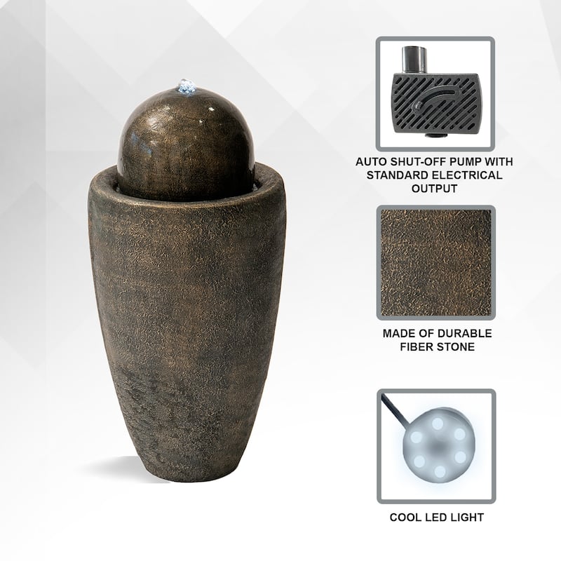XBrand 25.98"H Modern Round Stone Textured Sphere Water Fountain w/LED Lights, For Indoor/Outdoor, Ball Water Fountain