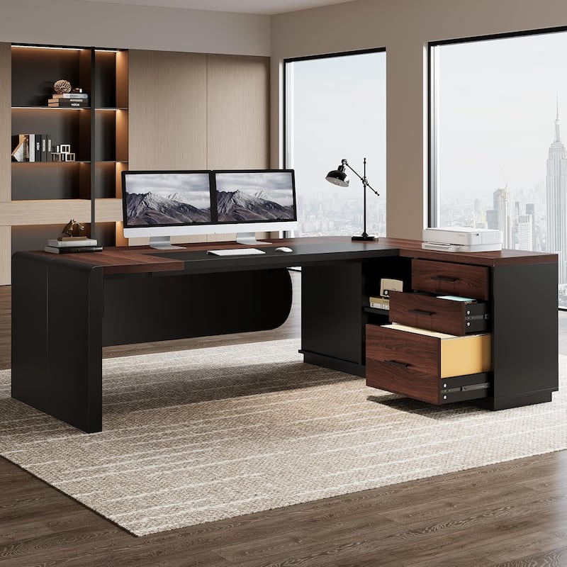 80'' Executive Desk, L-Shaped Office Table with 55'' Cabinet